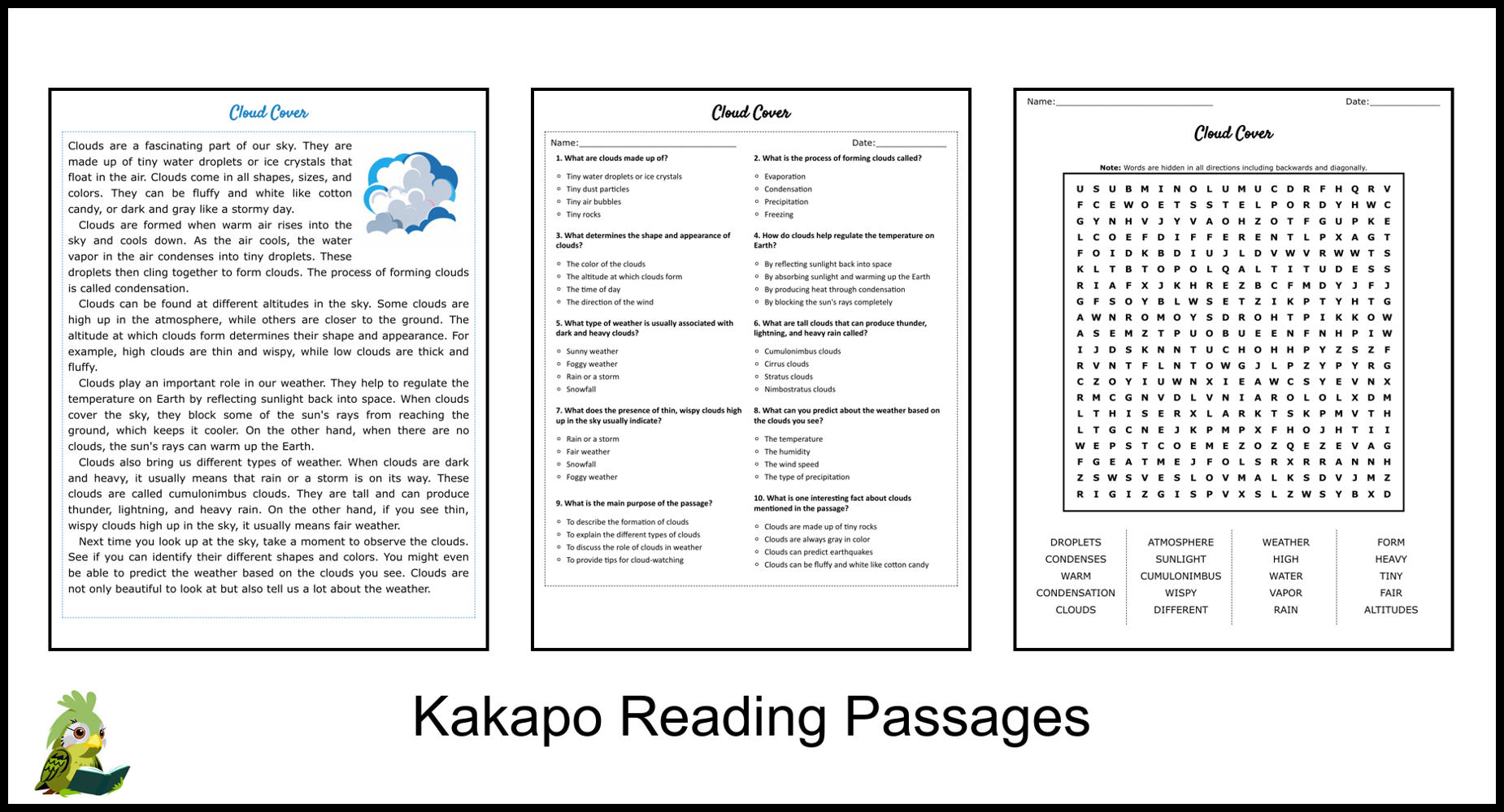 Cloud Cover Reading Comprehension and Word Search Teaching Resources
