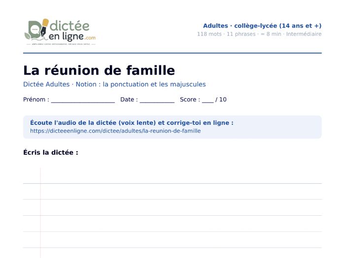 French Dictation for Teens & Adults: "La réunion de famille" – punctuation & capital letters – with