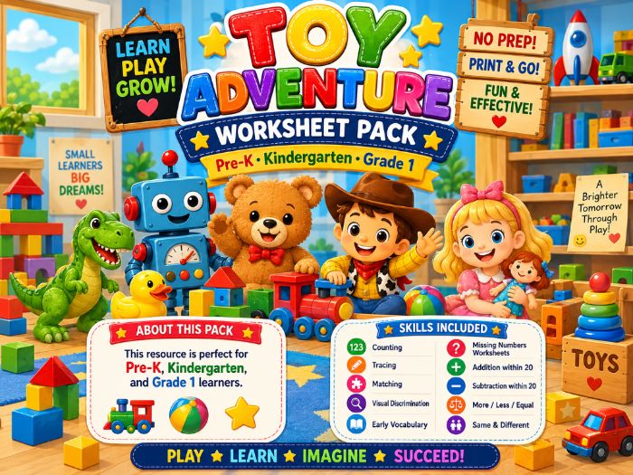 Toy Worksheets Pre-K to 1st Grade | Counting, Missing Numbers, Addition & Subtraction