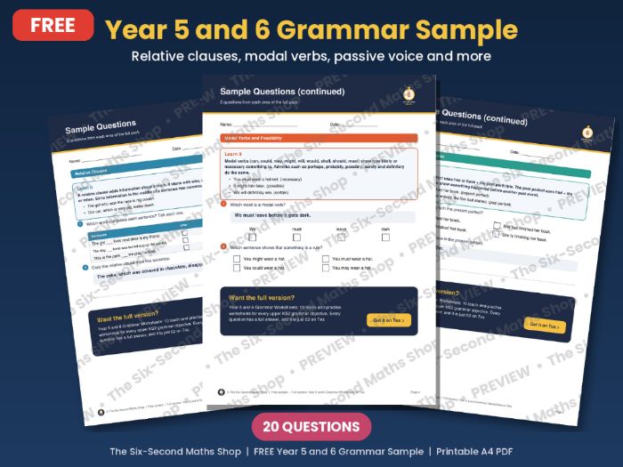 FREE Year 5 and 6 Grammar Worksheets Sample - Relative Clauses, Modal Verbs, Passive