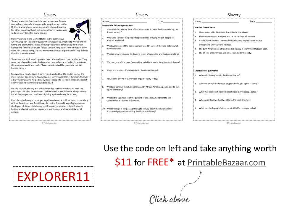 Slavery Reading Comprehension Passage Printable Worksheet | Teaching ...