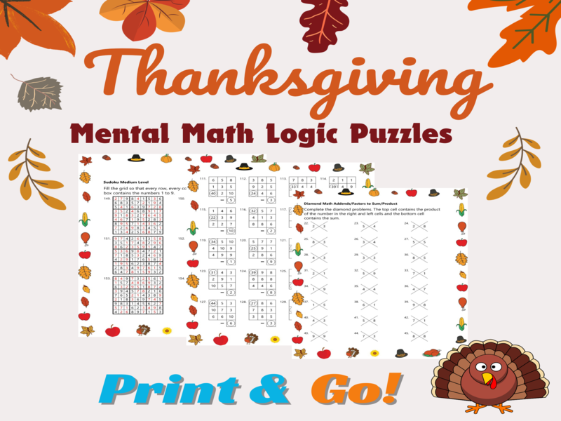 Thanksgiving Mental Math Logic 19 Worksheets Fun Brain Teasers Print and Go No Prep
