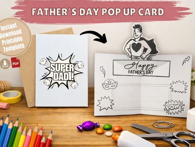 Father's Day Superhero Pop Up Card: DIY Craft Template