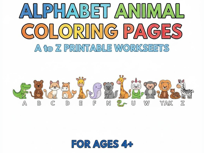 Alphabet Animal Coloring Pages: A to Z Printable Worksheets (26 Sheets)