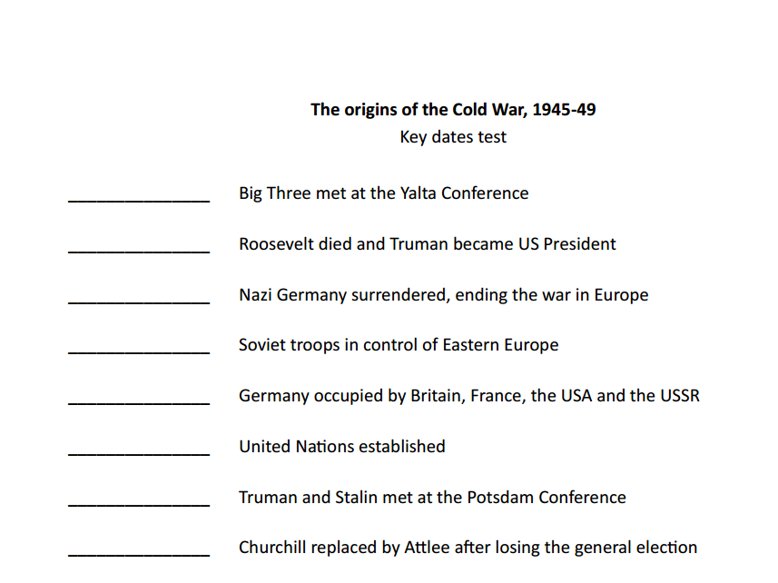 Key dates tests - To the brink of nuclear war (AQA A-level history Unit 2R)