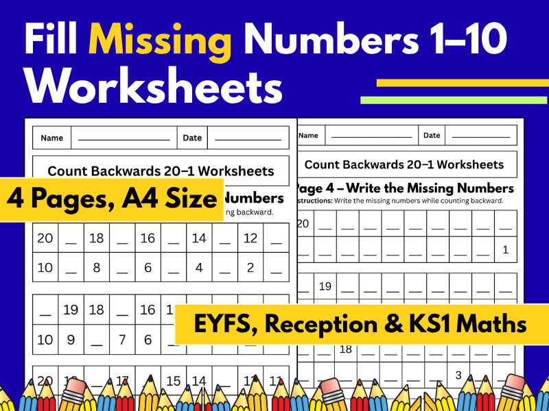 Fill Missing Numbers 1–10 Worksheets | EYFS, Reception & KS1 Maths