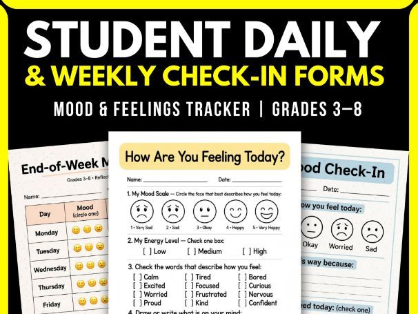 Student Daily & Weekly Check-In Forms | Mood & Feelings Tracker | Grades 3–8