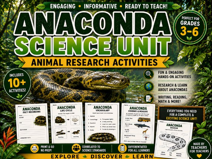 Anaconda Animal Research Unit | Snake Science Activities | Reading Comprehension & STEM Worksheets