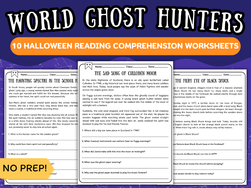 World Ghost Hunters: 10 Halloween Reading Comprehension Worksheets