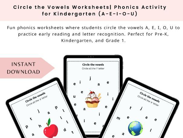 Circle the Vowels Worksheets | Phonics Activity for Kindergarten (A-E-I-O-U)