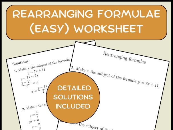 Rearranging Formulae (easy) Worksheet (with solutions)