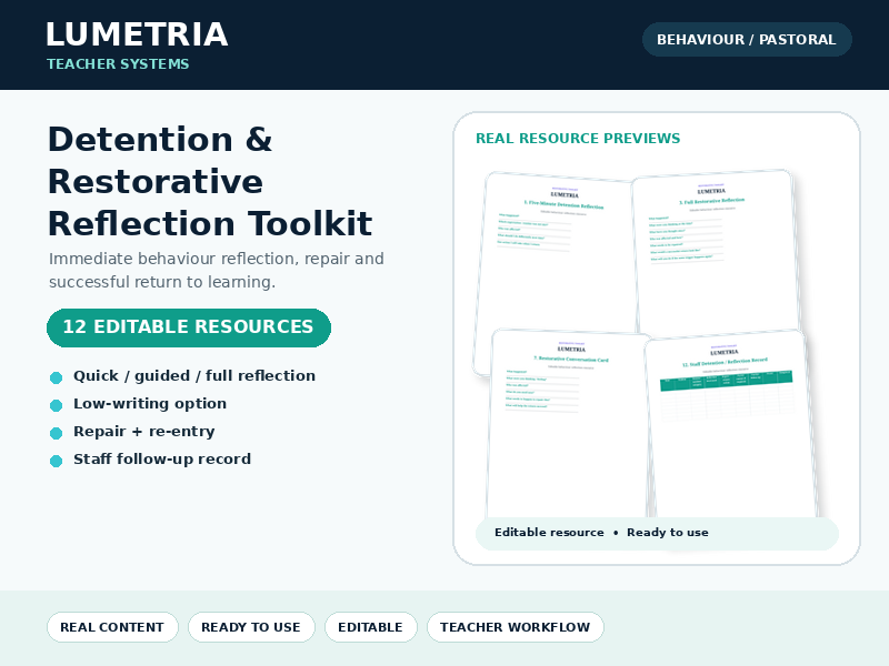 Detention & Restorative Reflection Toolkit | 12 Editable Behaviour, Repair & Re-Entry Resources