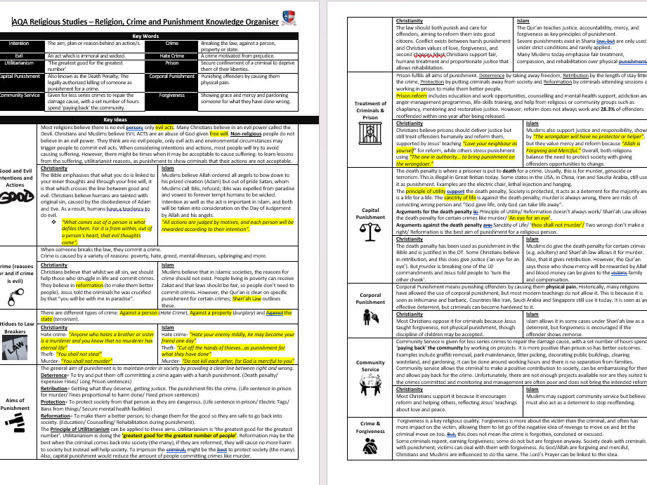 Religion, Crime and Punishment Knowledge Organiser Theme E AQA