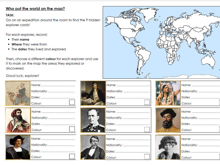 Explorer's worksheet and treasure hunt
