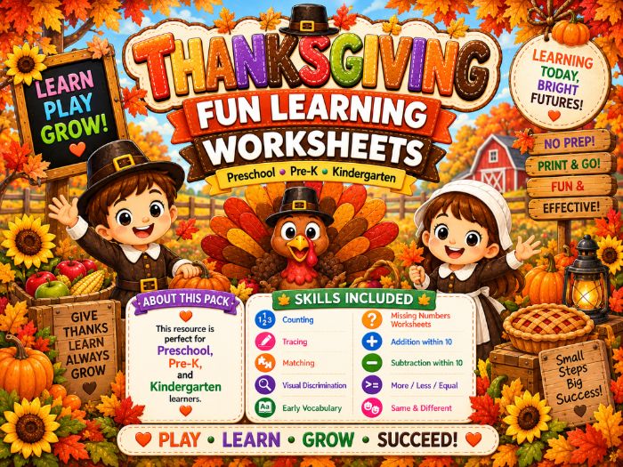 Thanksgiving Worksheets for Preschool Pre-K Kindergarten | Math & Early Learning Activities