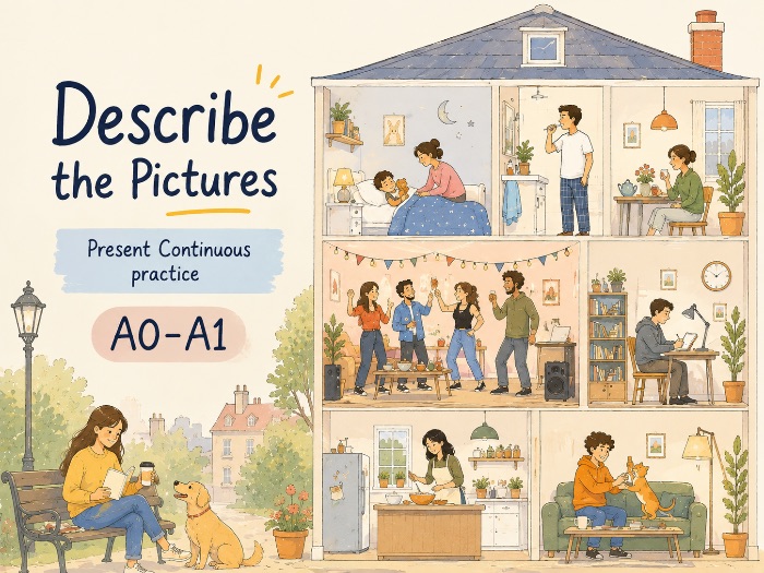 Describe the Picture – Present Continuous & Prepositions | A0–A1 ESL Speaking Worksheet