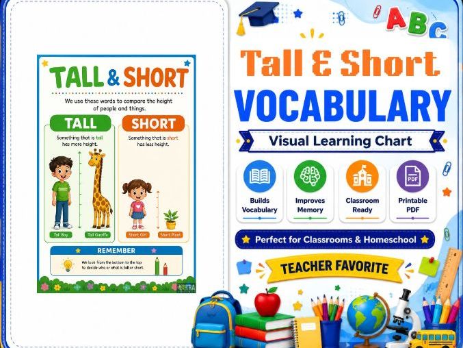 Printable Tall and Short Chart – Visual English Vocabulary & Size Comparison Chart for Preschool, Ki