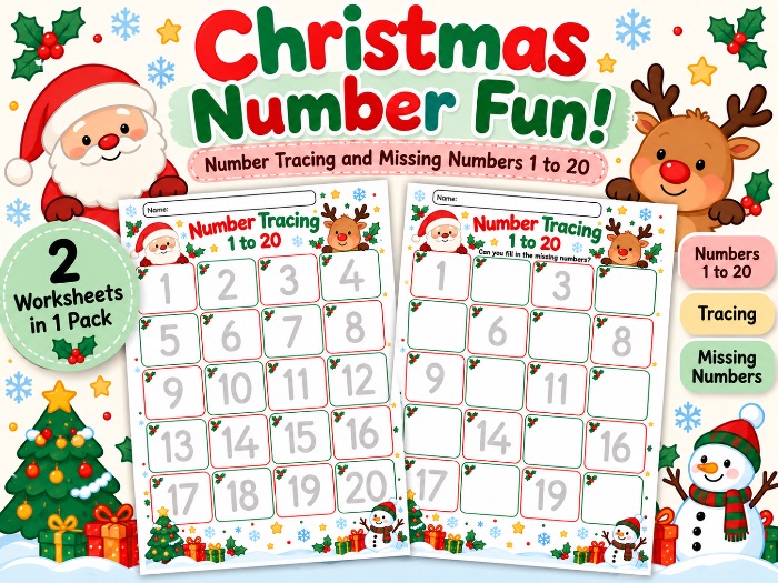 Christmas Number Tracing 1-20 and Missing Numbers Worksheets
