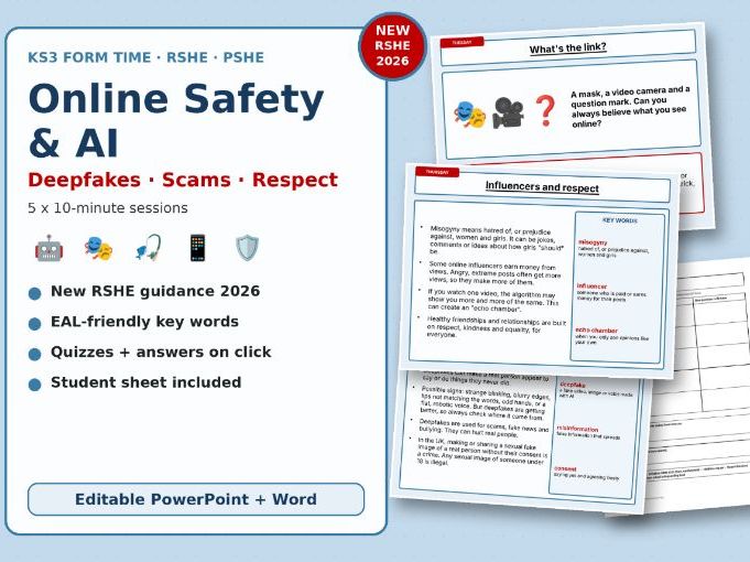 Online Safety & AI Form Time Pack: Deepfakes, Scams & Online Misogyny 5 Sessions, KS3, New RSHE 2026