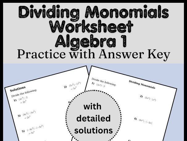 Dividing Monomials Worksheet Algebra 1 Practice with Answer Key