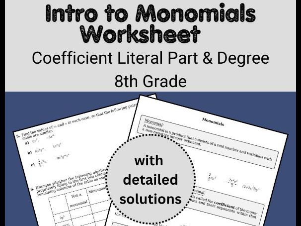 Intro to Monomials Worksheet | Coefficient Literal Part & Degree | 8th Grade