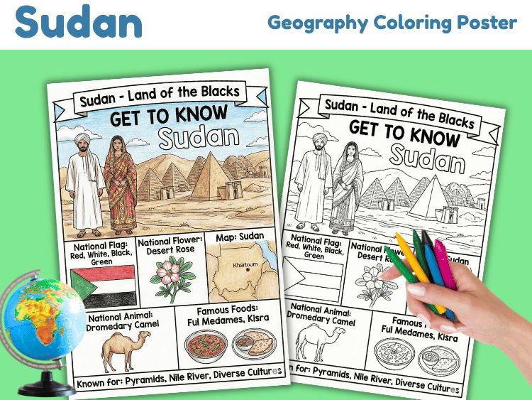 Sudan Geography Coloring Poster | Country Facts Worksheet