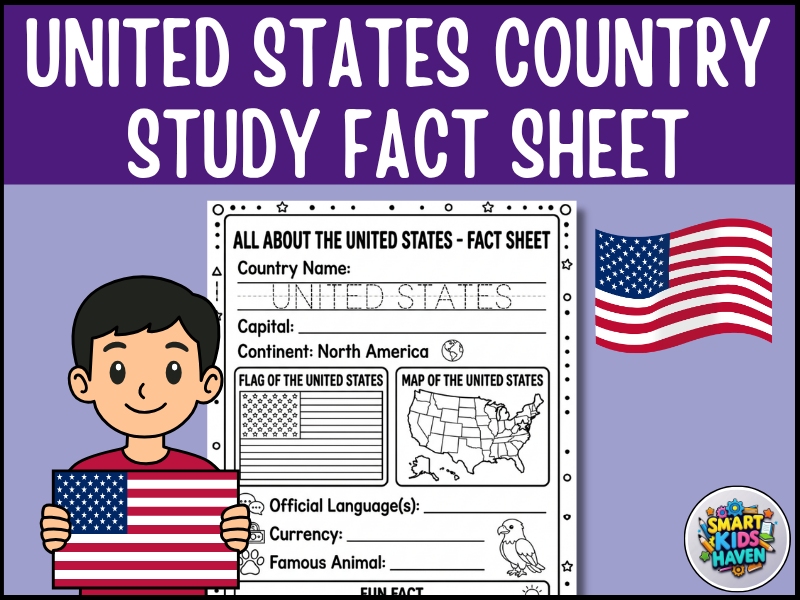 United States Map and Flag Country Study Worksheet USA Geography Activity.