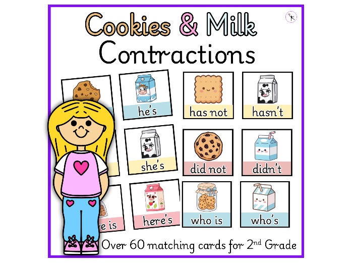Contractions Matching Cards Cookies and Milk Theme