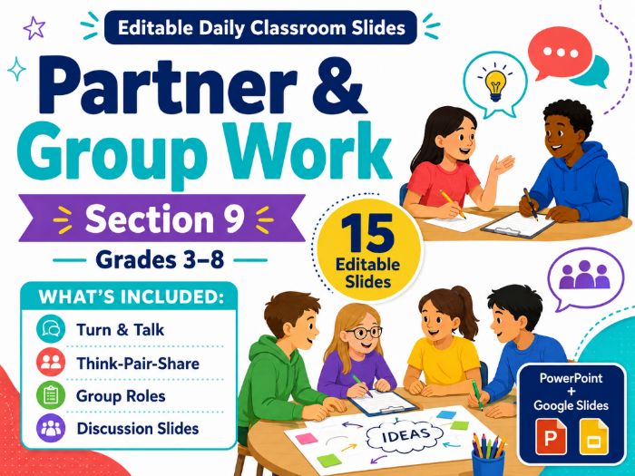 Partner & Group Work classroom Slides | 15 Editable Visual Template