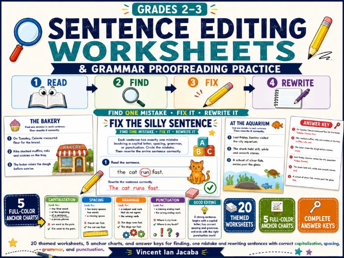 Sentence Editing Worksheets | Grammar, Punctuation & Proofreading Practice | Ages 7–9