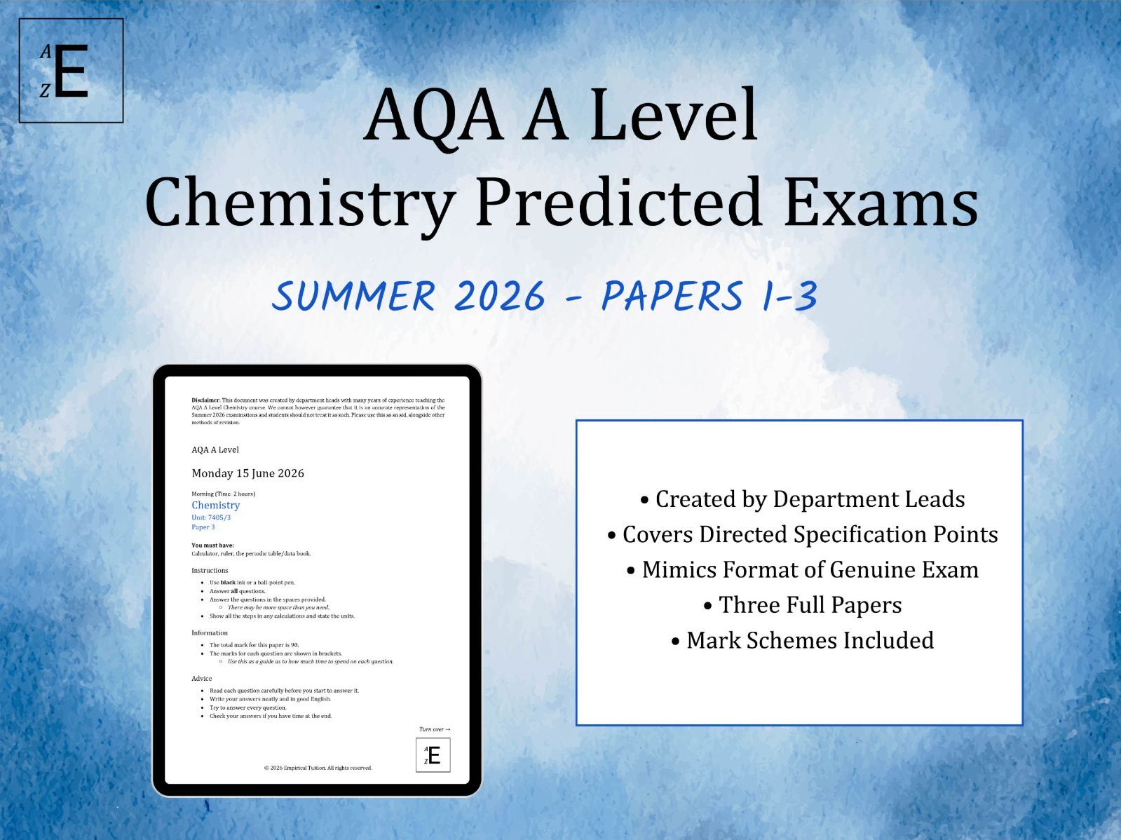 Summer 2026 AQA A Level Chemistry Predicted Exams - Papers 1-3