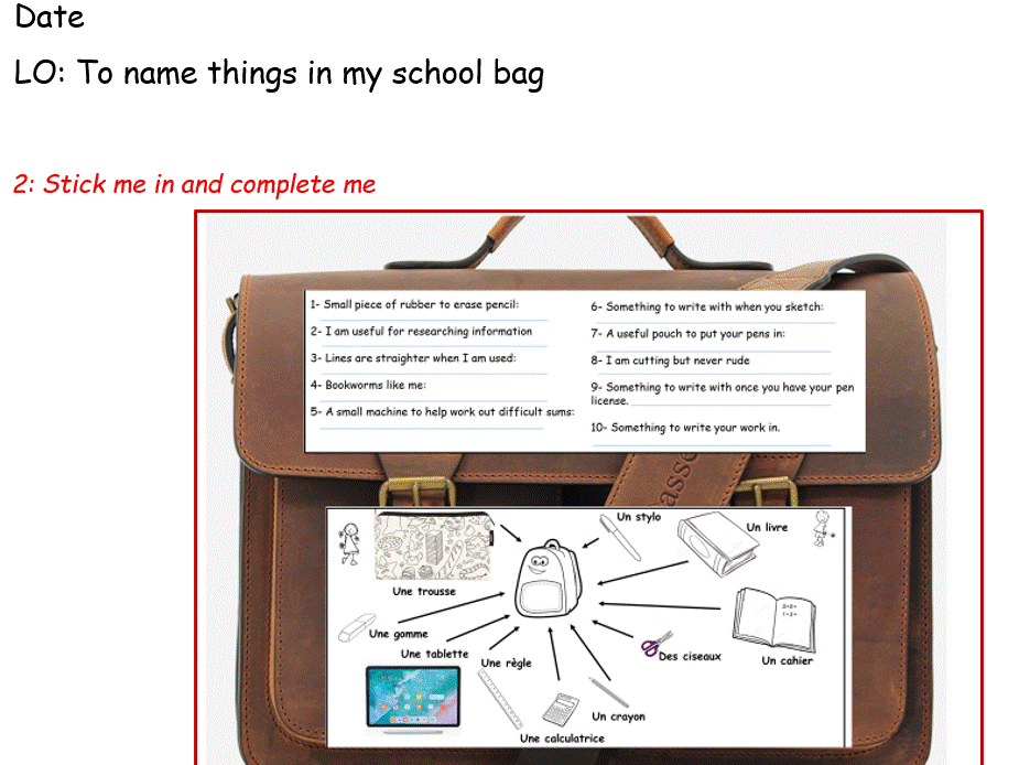 French Year 4: Naming items in my bag and understanding UN and UNE