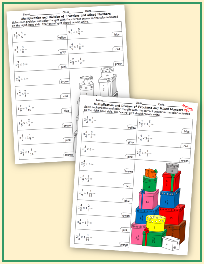 Christmas Worksheets: Multiplication and Division of Fractions and Within Dividing Mixed Numbers Worksheet