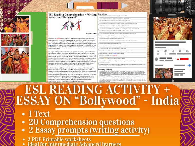 ESL Reading Comprehension + Writing Activity Worksheets on Bollywood - India