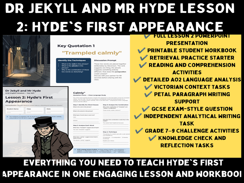 Dr Jekyll and Mr Hyde Lesson 2: Hyde's First Appearance PowerPoint & Workbook GCSE