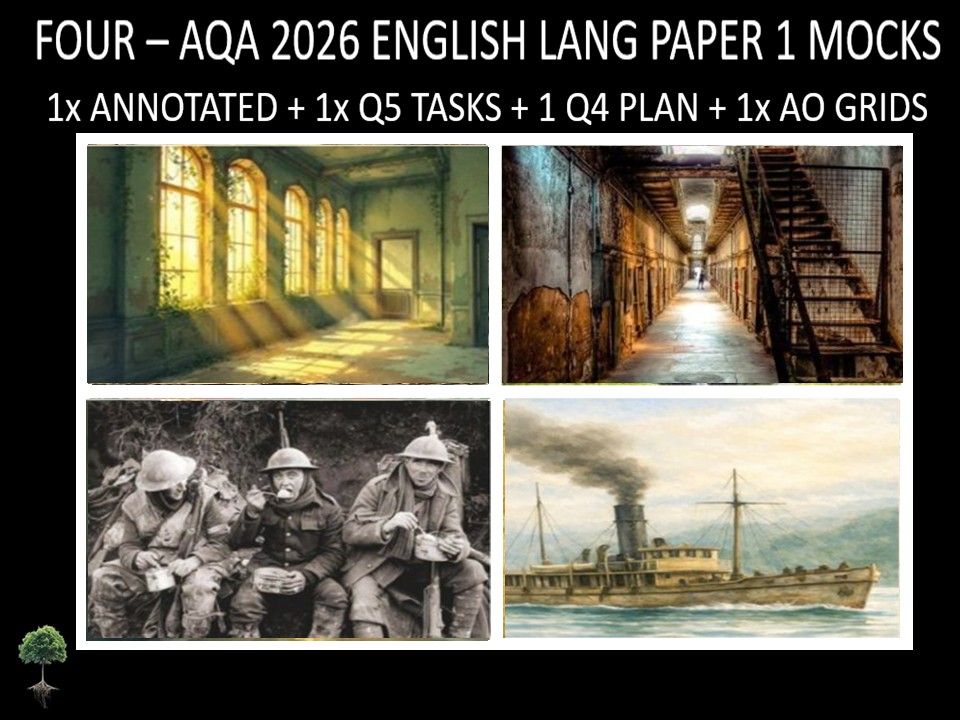 Four AQA 2026 English Language Paper 1 Mocks + Annotated, Q5 Tasks, Q4 Plan, AO Grids