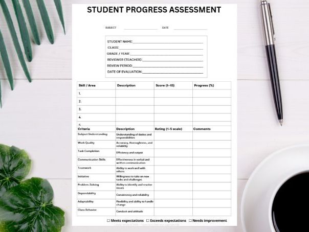 Student Progress Assessment Template | Student Evaluation Form | Progress Tracking Sheet Printable