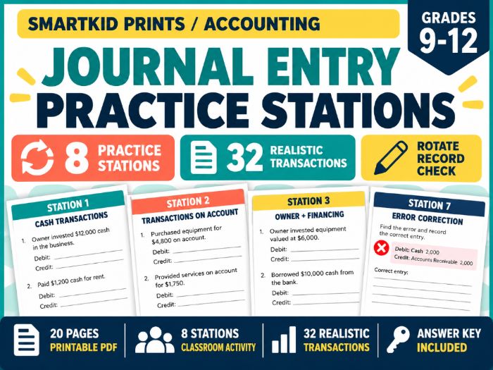 Journal Entry Practice Stations Worksheets