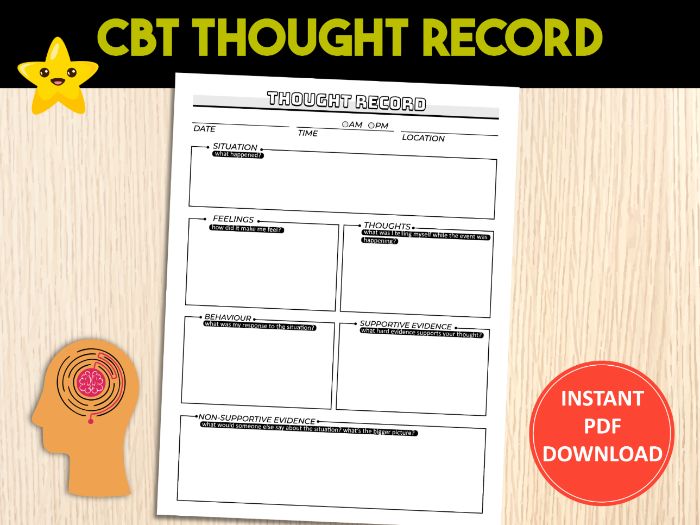 CBT Journal Thought Record Worksheet, Mental Health, Cognitive Behaviour Therapy
