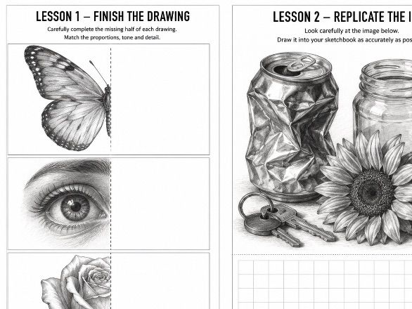 Observational Drawing Worksheets | Finish the Drawing & Replicate the Image | Pencil Drawing Skills