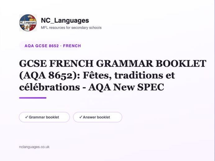 GCSE FRENCH GRAMMAR BOOKLET (AQA 8652): Fêtes, traditions et célébrations - AQA New SPEC