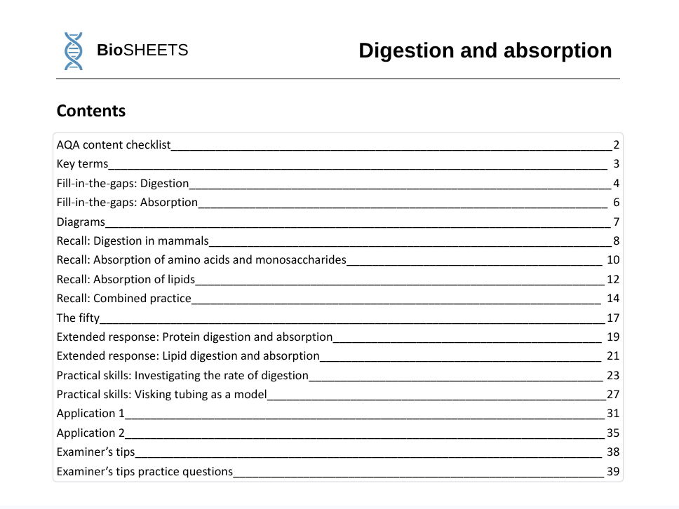 AQA A-Level Biology: 3.3 Digestion & absorption – BioSHEETS Complete Study & Practice Pack