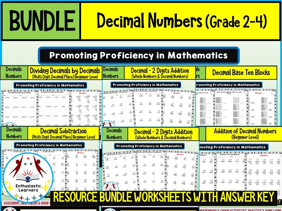 DECIMAL NUMBERS Beginner Level Worksheets Product or Resource BUNDLE for GRADE 2-6