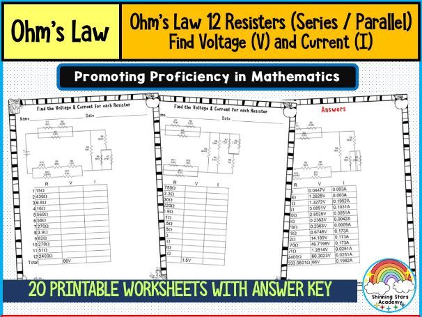 Ohm’s Law – 12 Resistors (Series / Parallel) (Find Voltage (V) and Current (I)) Worksheets | Expert-