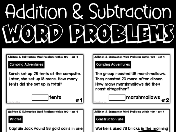 Addition & Subtraction Word Problem Task Cards to 100 - Year 2 Maths ...
