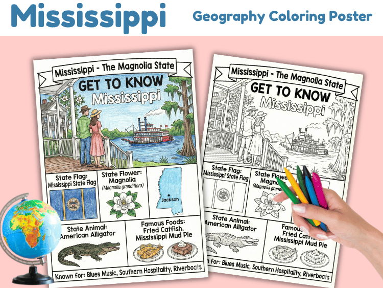 Mississippi Geography Coloring Poster | State Facts & Symbols