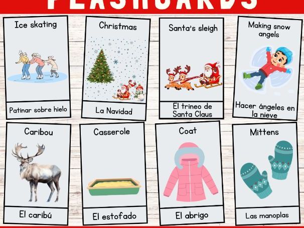 Winter In Spanish Bilingual Vocabulary Flashcards | Seasonal Picture Flashcards