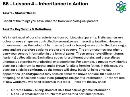 B12/L4 - Inheritance in Action Lesson Worksheet With Answers / GCSE / AQA/ Combined Science