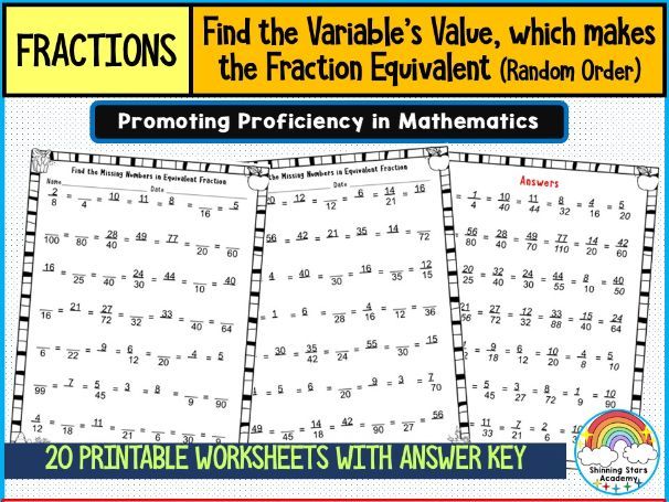 Find the Variable’s Value to Make Fractions Equivalent – Series of Fractions (Random Order Numerator