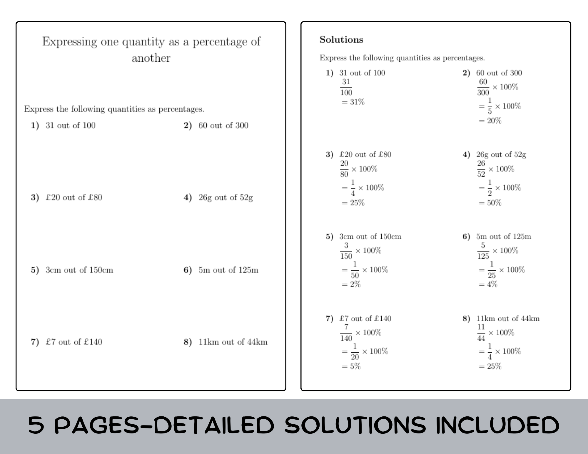 Expressing Quantity as Percentage Non Calculator Worksheet Unit ...